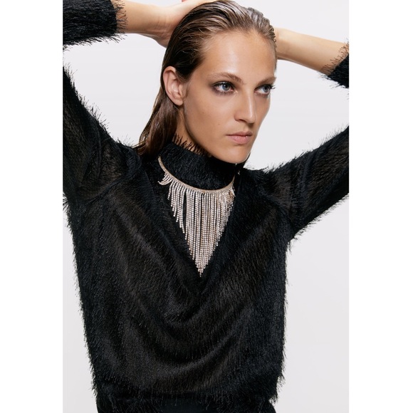 Zara Sweaters - Zara Black Sheer Fuzzy Fringe Long Sleeve Top SZ M